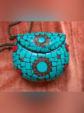 Handcrafted Turquoise Mosaic Crossbody Bag with Red Accents